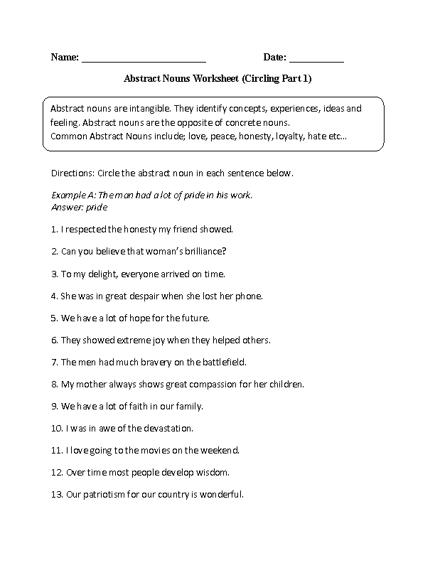 Abstract Noun Worksheets For Class 5 - Abstract Nouns Worksheet For Grade 5