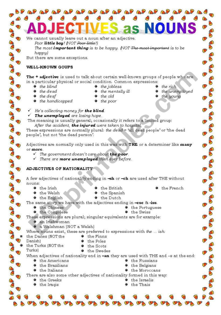 ADJECTIVES AS NOUNS ESL Worksheet By Keyeyti - Nouns Used As Adjectives Worksheet