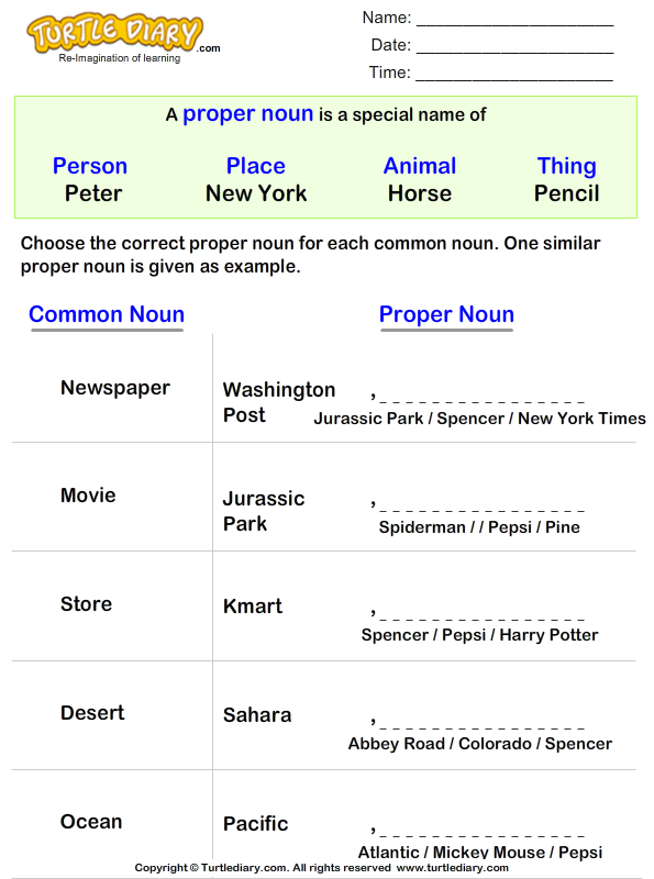 Change Common Noun To Proper Noun Turtle Diary Worksheet - Changing Common Nouns To Proper Nouns Worksheet Answers