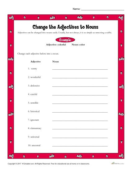 Change The Adjectives To Nouns Printable 3rd 4th Grade Nouns Activity - Change Noun To Adjective Worksheet