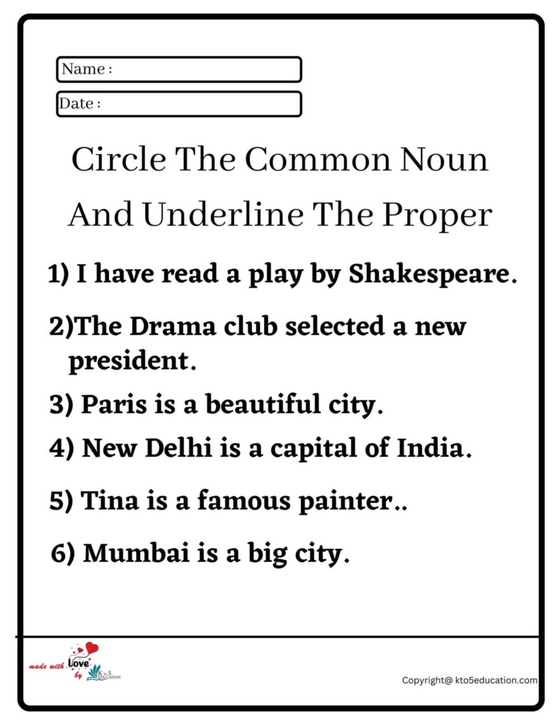 Circle The Common Noun And Underline The Proper Worksheet - Circle Nouns Underline Verbs Worksheet