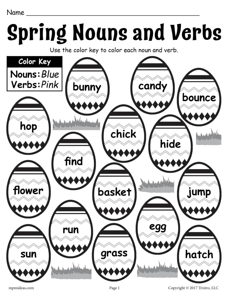  Color The Spring Nouns And Verbs Printable Worksheet In 2021  - Easter Egg Nouns Verb And Adjectives Worksheet