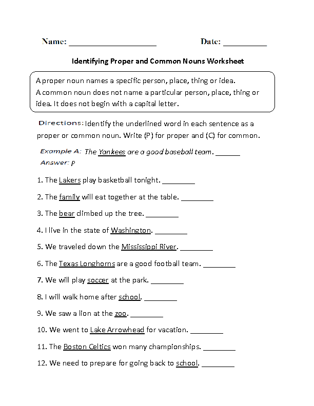 Common Noun And Proper Noun Worksheet Grade 4 - Free Noun Worksheets For 4Th Grade