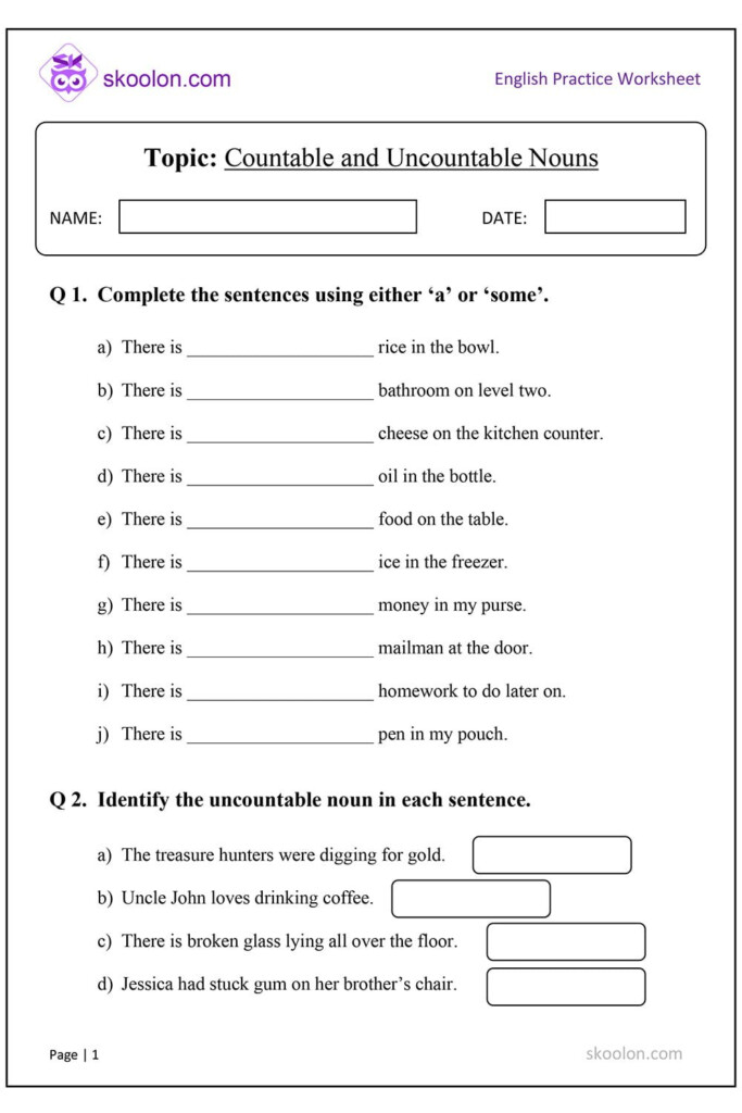 Countable And Uncountable Nouns Skoolon - Noun Counters Worksheets