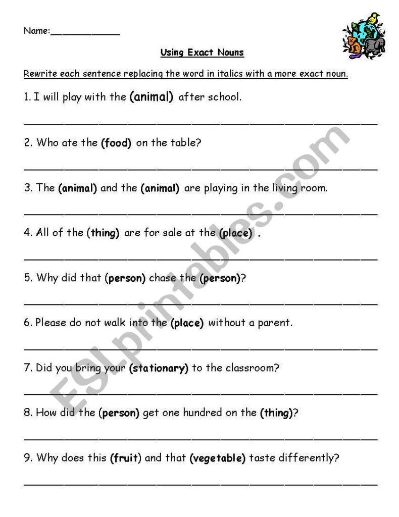 English Worksheets Exact Nouns - Exact Nouns Worksheet