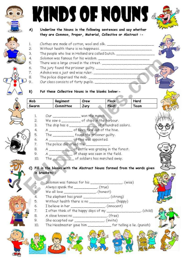 EXERCISES ON TYPES OF NOUNS 4 Pages Editable With Key ESL  - Noun Worksheets For Grade 7