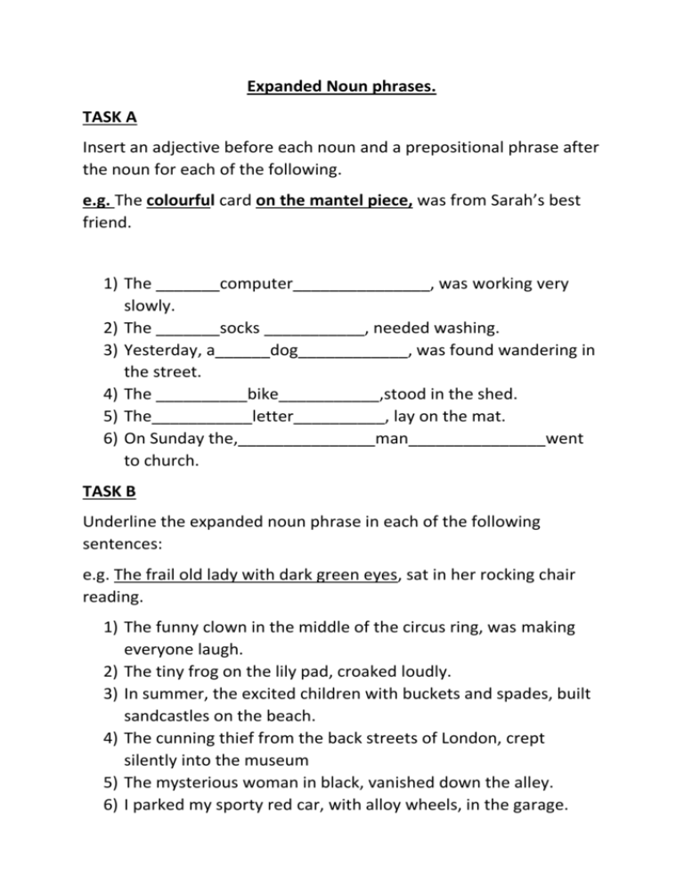 Expanded Noun Phrases Homework Sheet  - Expanded Noun Phrases Worksheet Ks2