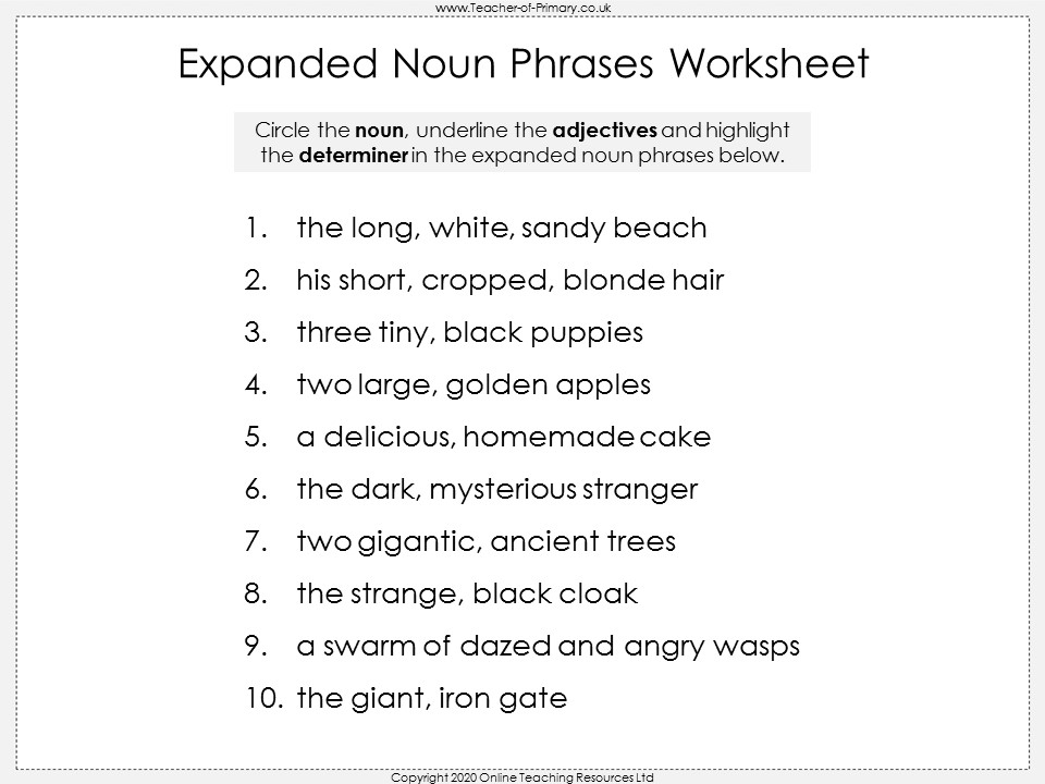 Expanded Noun Phrases Year 4 Teaching Resources - Expanded Noun Phrases Worksheet Ks1