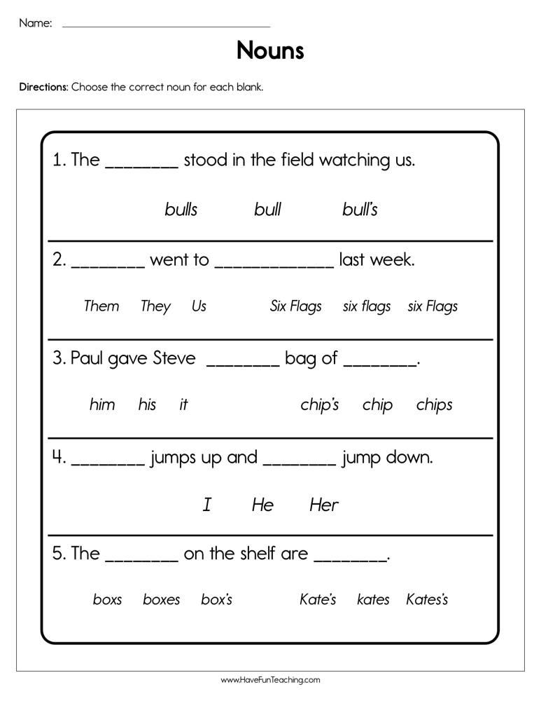 Fill In The Blank Nouns Worksheet By Teach Simple - Nouns Fill In The Blanks Worksheet