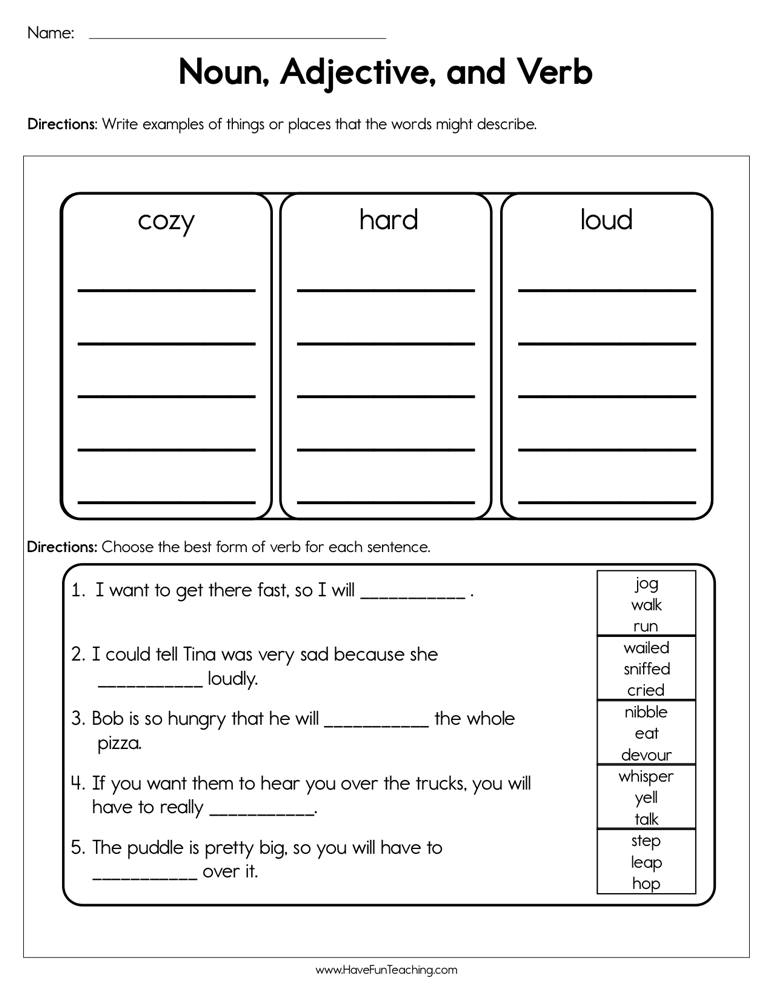 Noun Adjective And Verb Worksheet By Teach Simple - Nouns Adjectives And Adverbs Worksheet