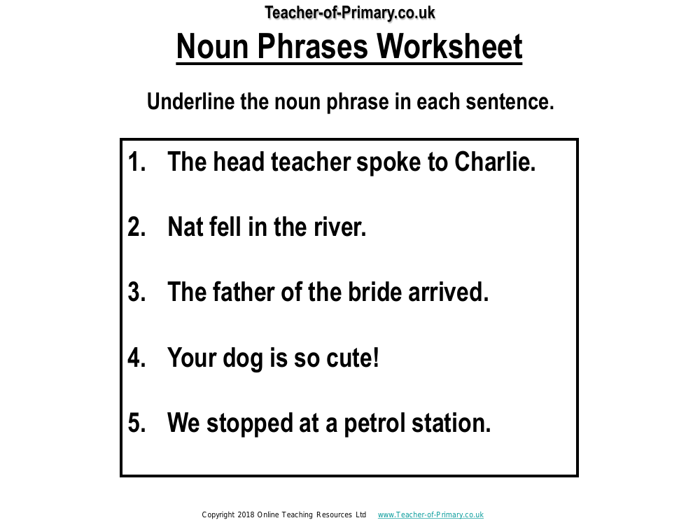 Noun Phrases Worksheet English Year 1 - Identifying Noun Phrases Worksheet