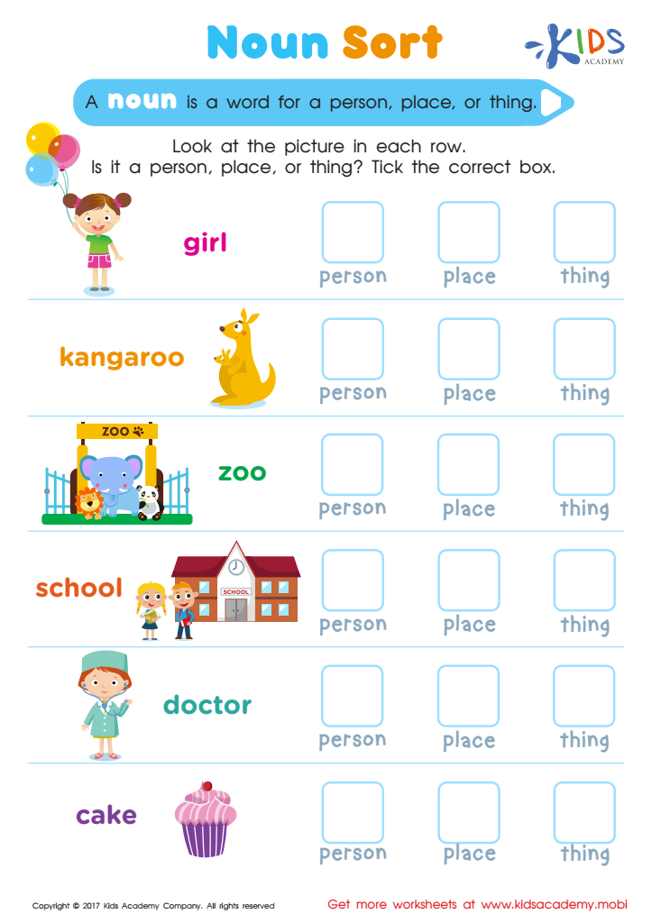 Noun Sort Printable Grammar Worksheet For Kids - Nouns Sorting Worksheet