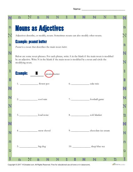 Nouns And Adjectives Worksheets - Nouns Used As Adjectives Worksheet