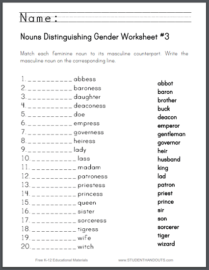 Nouns Gender Worksheet For Class 3 - Gender Nouns Worksheet For Grade 3