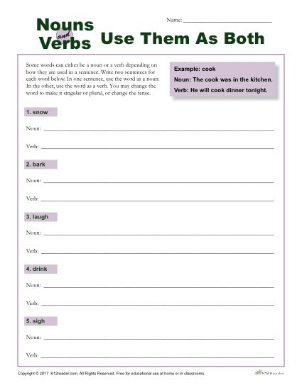 Nouns That Are Also Verbs Printable Worksheet K12reader - Nouns Used As Verbs Worksheets