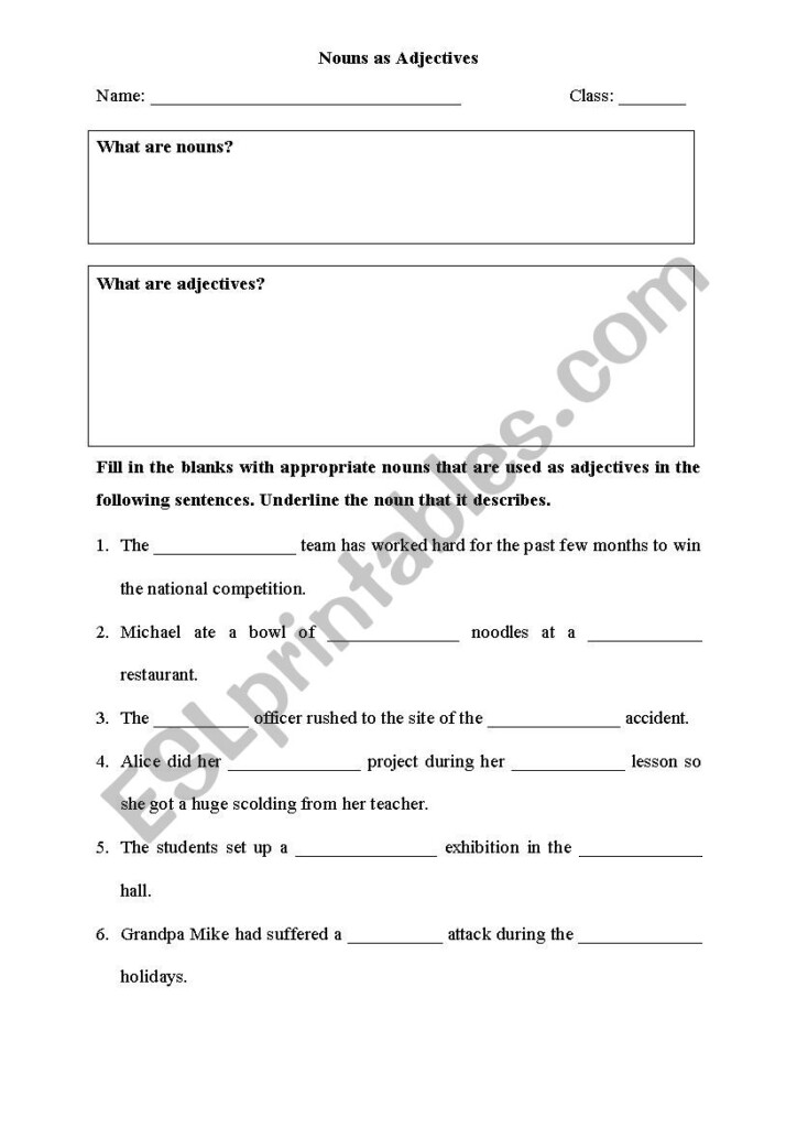 Nouns Used As Adjectives ESL Worksheet By Val 8893 - Esl Nouns Used As Adjectives Worksheet