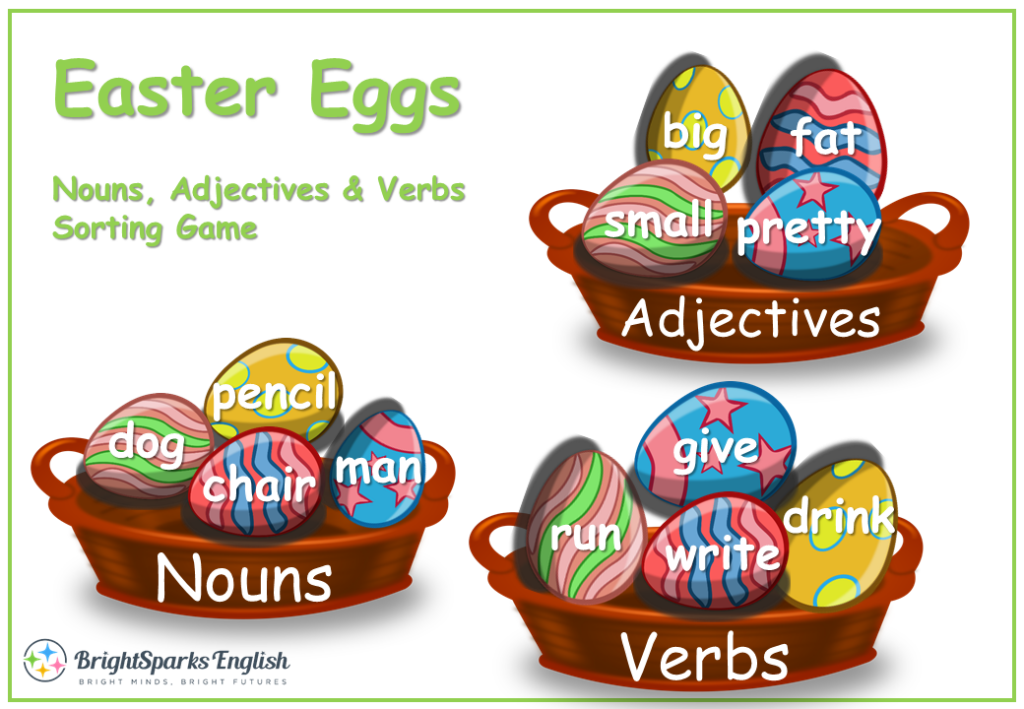 Nouns Verbs Adjectives Easter Egg Game English Treasure Trove - Easter Egg Nouns Verb And Adjectives Worksheet