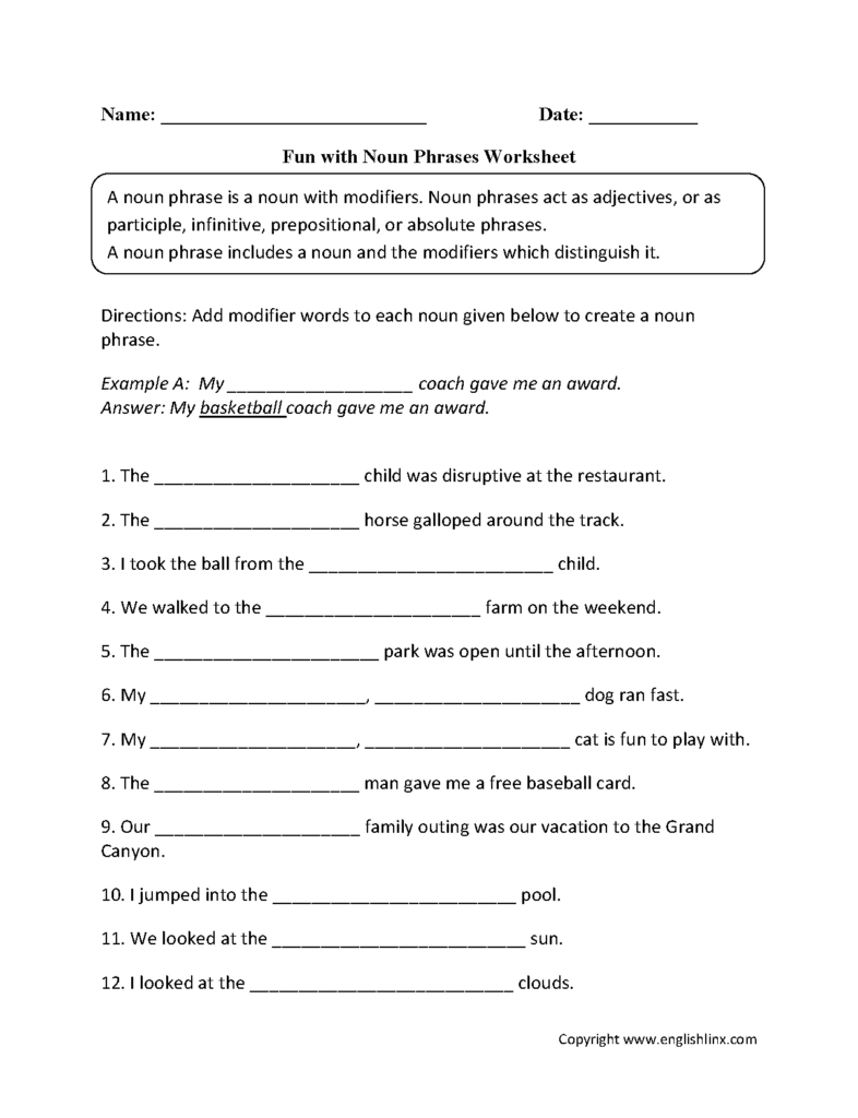 Nouns Worksheets Noun Phrases Worksheets - Noun Phrase Worksheets For Grade 4 Pdf