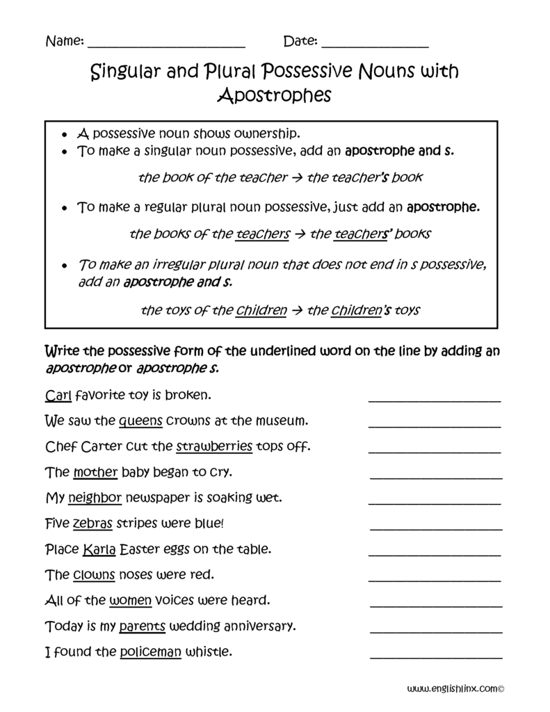 Possessive Nouns Apostrophe Worksheets - Possessive Nouns Apostrophe Worksheet