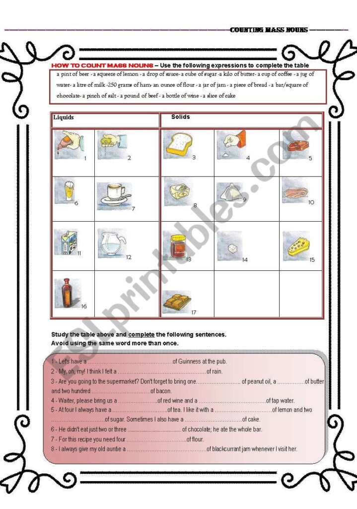 Quantities MASS NOUNS ESL Worksheet By Aleia - Mass Noun Quantifiers Worksheet