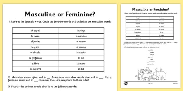 Spanish Masculine And Feminine Gender Worksheet Twinkl - Free Worksheets To Teach Spanish Masculine Feminine Nouns