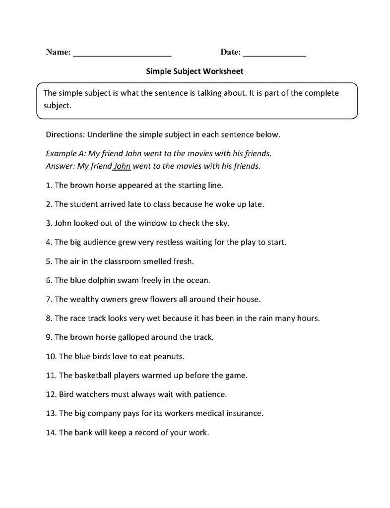 Subject And Predicate Worksheets Simple Subject Worksheet - Nouns As Simple Subjects Worksheets