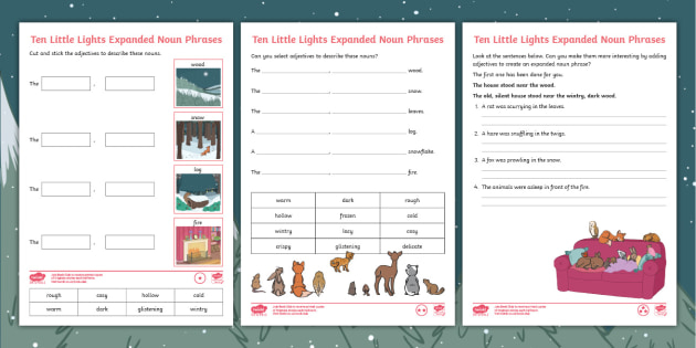 Year 2 Ten Little Lights Expanded Noun Phrases Differentiated Worksheet - Expanded Noun Phrases Differentiated Worksheet