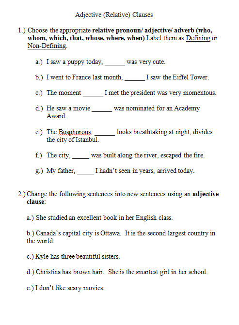 18 FREE Adjective Clauses Worksheets - Noun And Adjective Clauses Worksheet