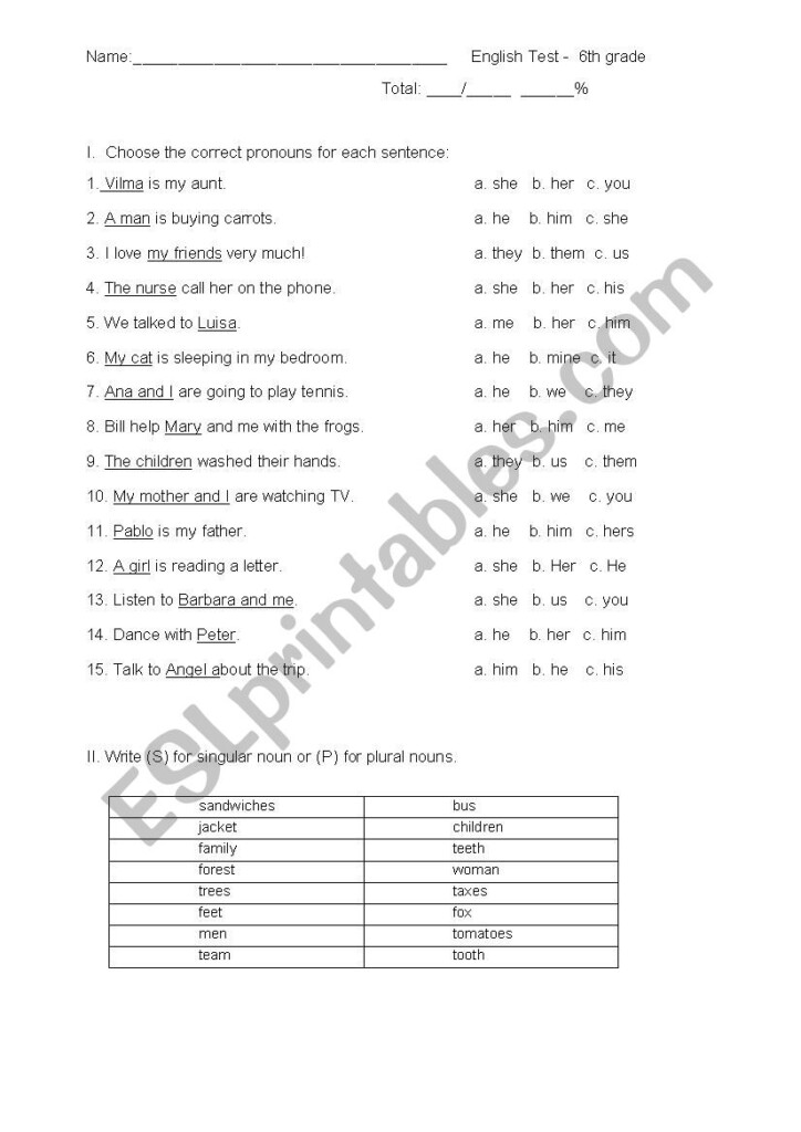 6th Grade Noun Test ESL Worksheet By Dedee4u - Noun Worksheets For 6Th Grade Free