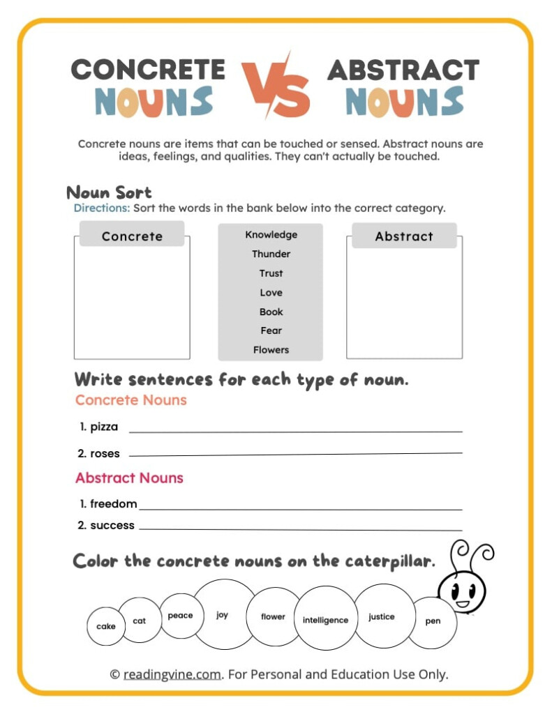 Abstract Noun Worksheets Definition And Examples ReadingVine - 3Rd Grade Concrete And Abstract Nouns Worksheet