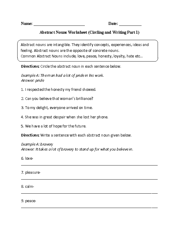 Abstract Noun Worksheets For Class 4 With Answers Askworksheet - Abstract Noun Worksheets For Grade 4 With Answers