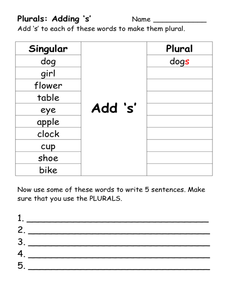 Add s Singular Plural - Adding S To Singular Nouns Worksheet