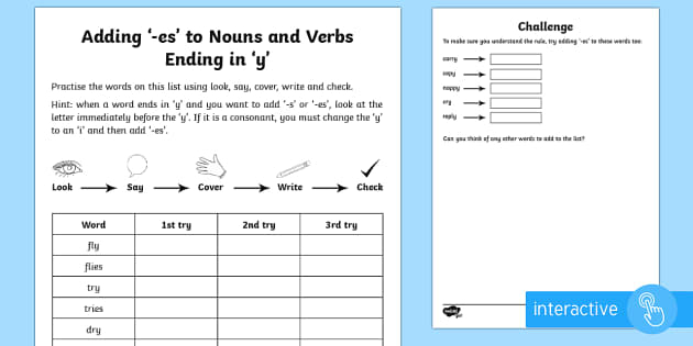 Addin ies To y Verb And Nouns Parent Spelling Practise - Adding Es To Nouns And Verbs Ending In Y Worksheet