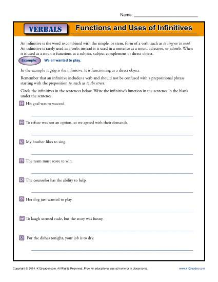 Adjective Infinitive Worksheet Free Printable Adjectives Worksheets - Infinitives As Nouns Adjectives And Adverbs Worksheets