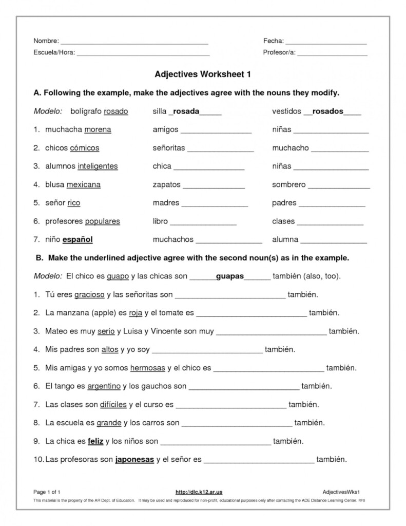 Adjective Noun Agreement Spanish Adjectives Worksheet As Db excel - Adjective Noun Agreement In Spanish Worksheets