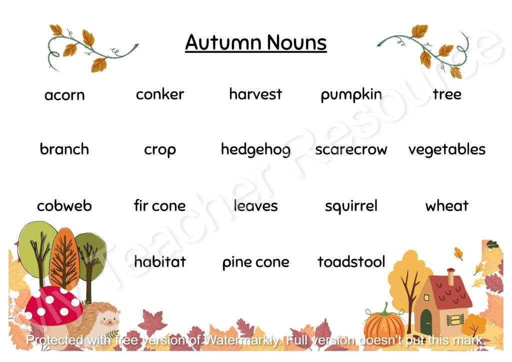 Autumn Word Mats Autumn Adjectives Nouns And Verbs Printable PDF  - Autumn Nouns Worksheet