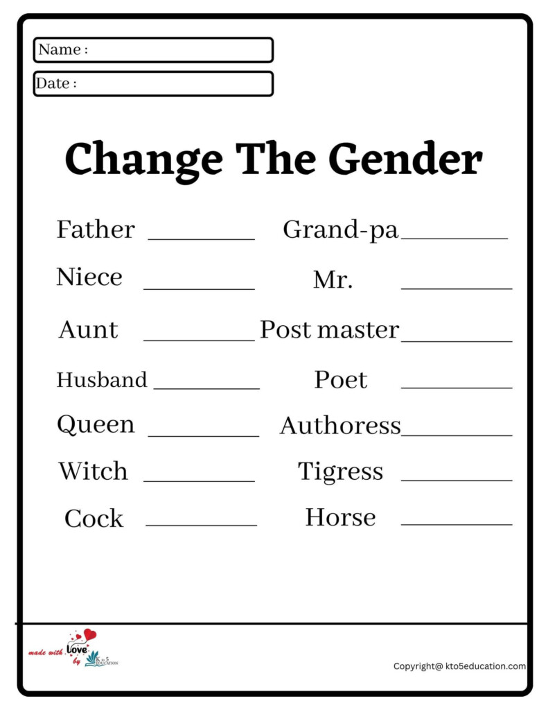 Change The Gender Worksheet FREE Download - Gender Nouns Worksheets 4Th Grade