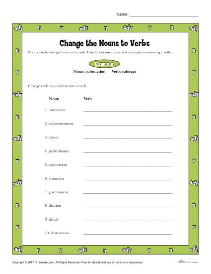 Change The Nouns To Verbs Printable 3rd 5th Grade Grammar Activity - Changing Nouns And Adjectives Into Verbs Worksheet