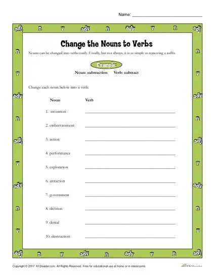 Change The Nouns To Verbs Printable 3rd 5th Grade Grammar Activity - Changing Verbs To Nouns Worksheet Pdf