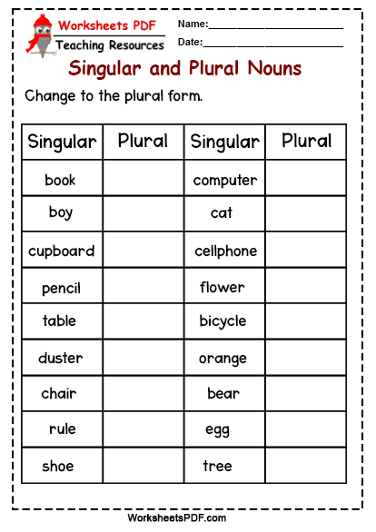 Change To The Plural Form Worksheets PDF - Change Singular Nouns To Plural Nouns Worksheet