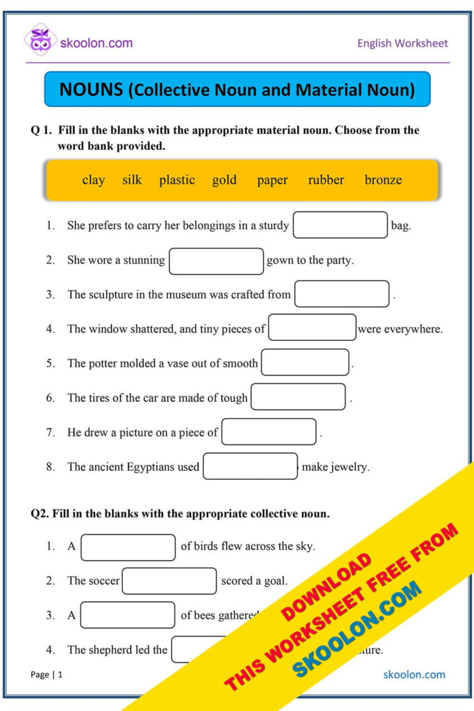 Collective Noun And Material Noun With Answers 2 Skoolon - Material Noun Worksheet Pdf