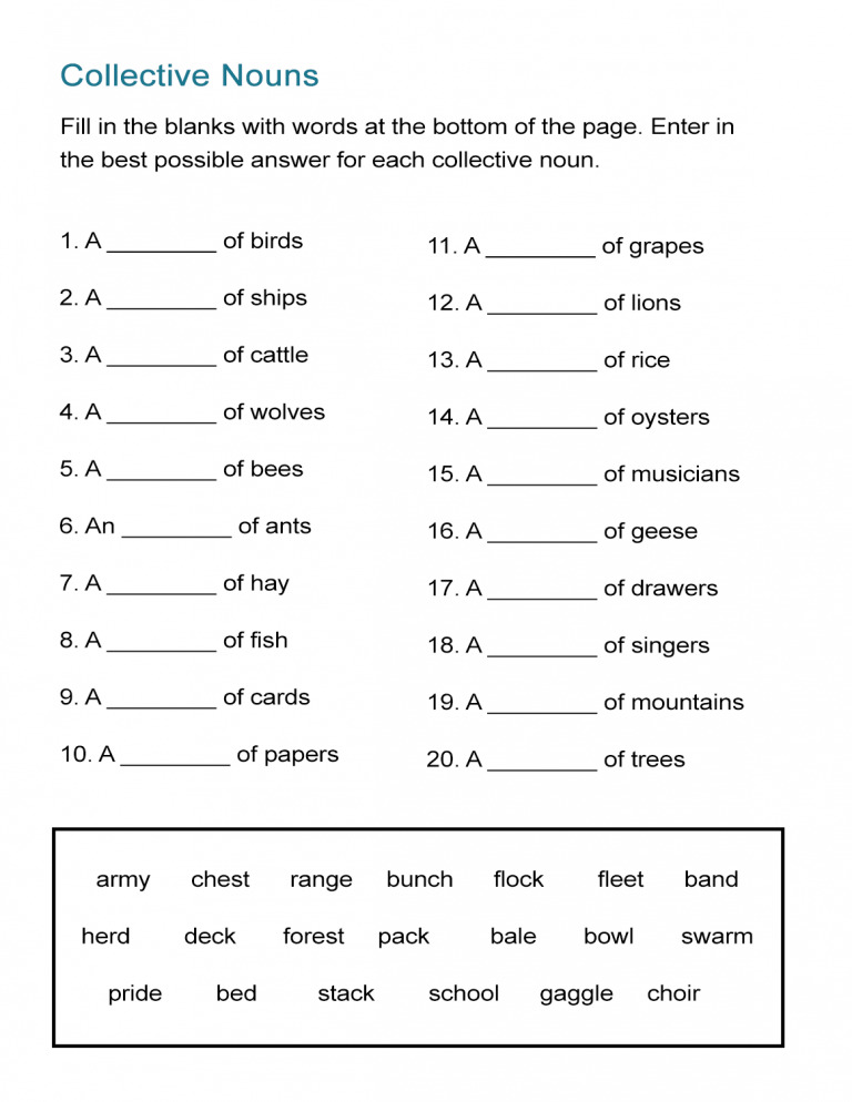 Collective Noun Exercise With Answers - Collective Nouns Worksheets For Grade 4 With Answers Pdf