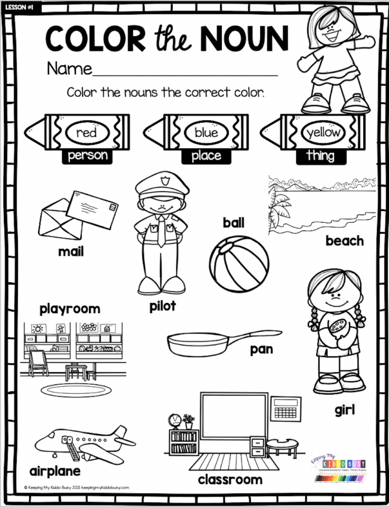 COLOR THE NOUN WORKSHEETS Activities To Practice Grammar In K And 1st  - Free Noun Worksheets With Pictures