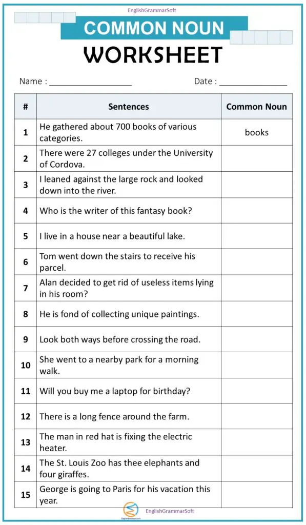 Common Noun Exercises With Answers - Common Nouns Worksheets