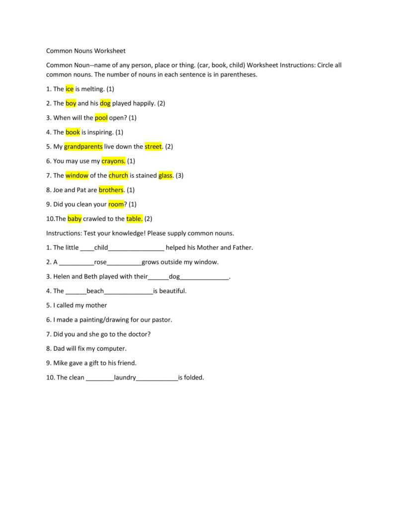 Common Nouns Worksheet With Answers - Common Noun Worksheets With Answers