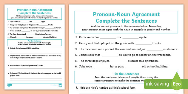 Complete The Sentences Pronoun Noun Agreement Worksheet - Noun Pronoun Agreement Worksheet