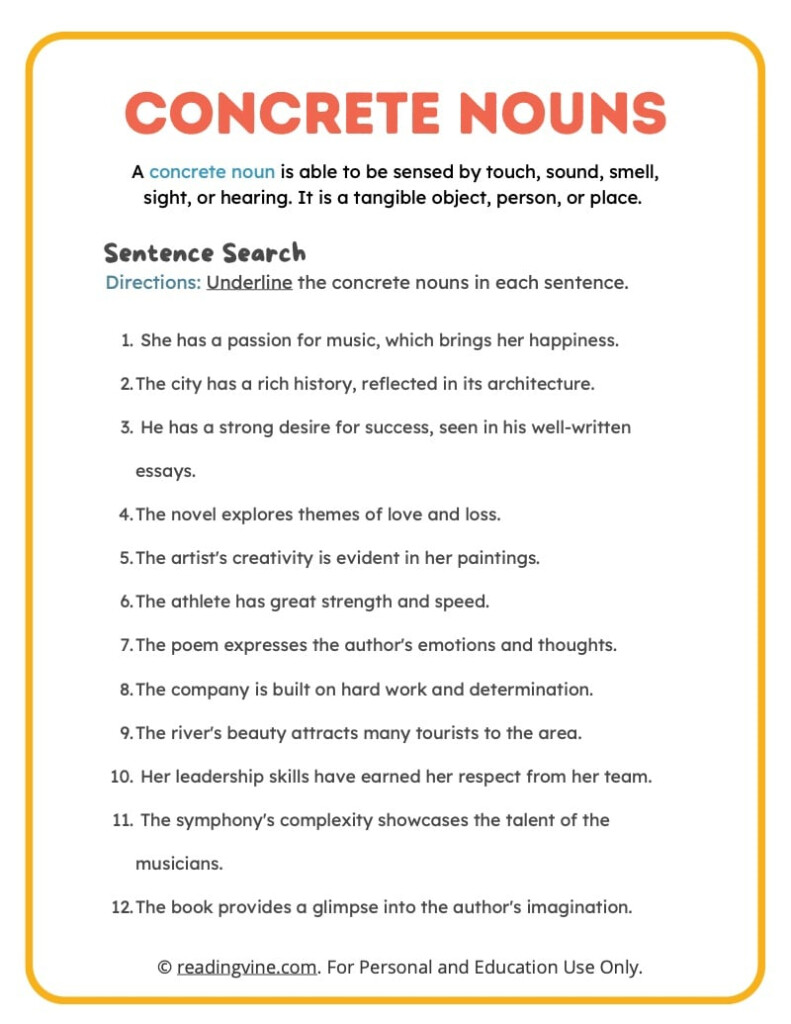 Concrete Noun Worksheets Definition And Examples ReadingVine - Concrete Noun Worksheets For Grade 5