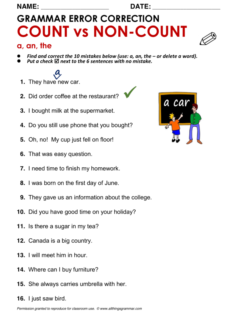 Count And Non count Nouns Worksheet - Esl Count And Noncount Noun Worksheets