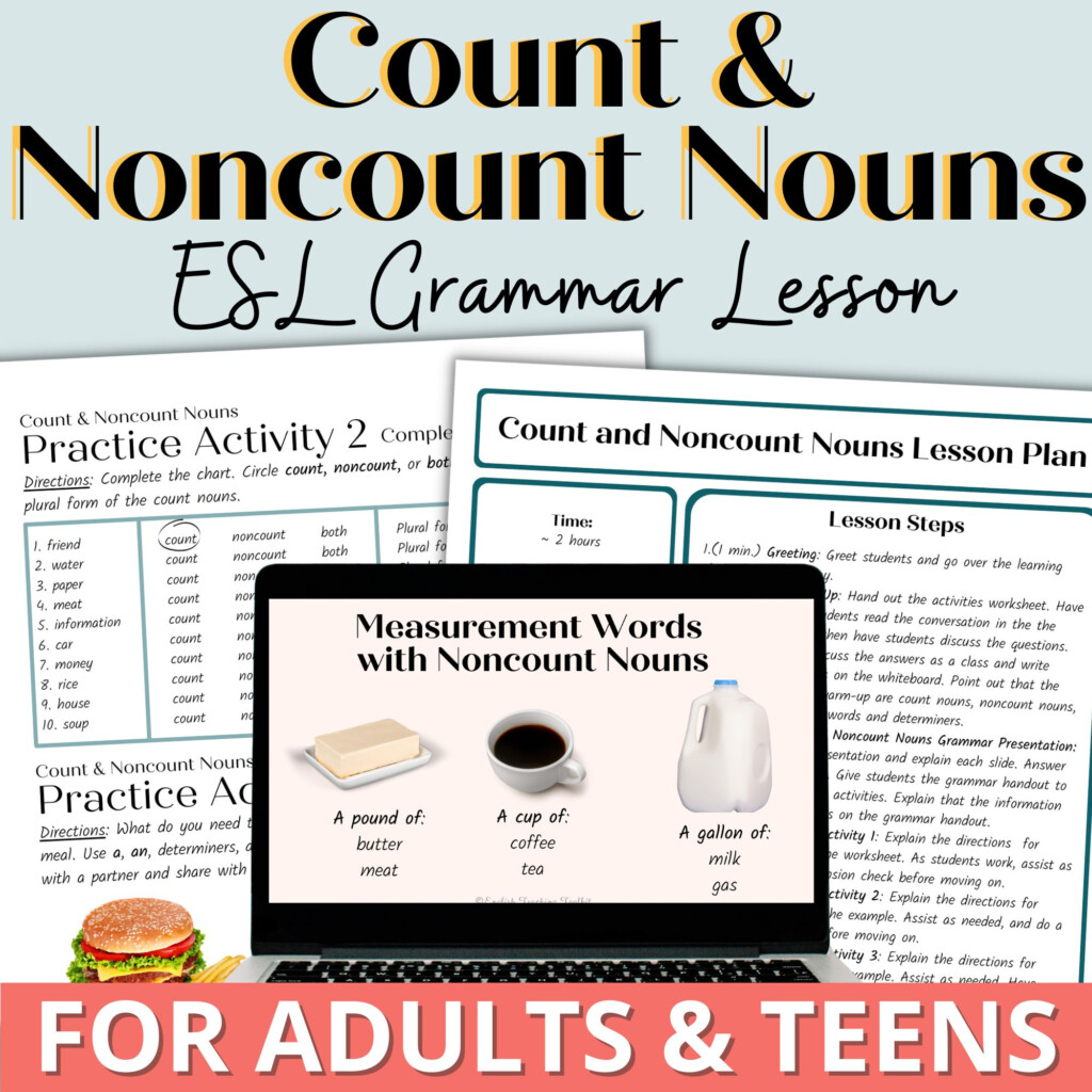 Count And Noncount Nouns ESL English Grammar Lesson Activities  - Ell Classroom Noun Worksheets