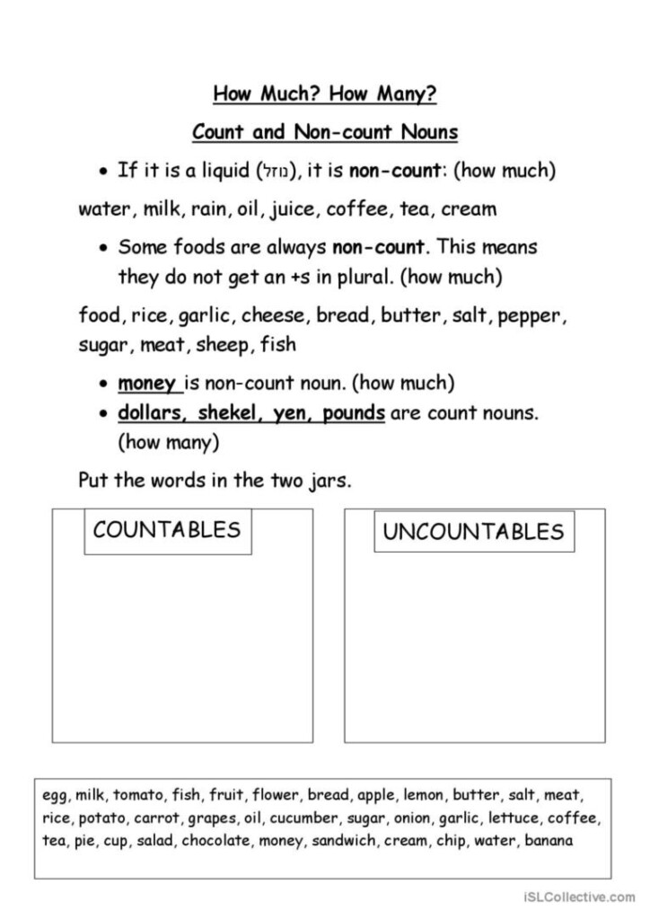 Count Or Non count Nouns English ESL Worksheets Pdf Doc - Count And Non-Count Nouns Worksheet Pdf